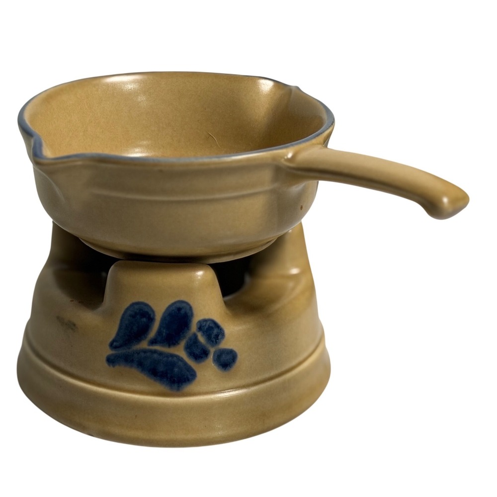 VTG Pfaltzgraff Butter Warmer Tan Folk Art Blue Flower Stoneware Fondue Pot 116
